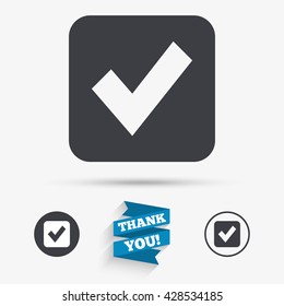 Check mark sign icon. Checkbox button. Flat icons. Buttons with icons. Thank you ribbon. Vector