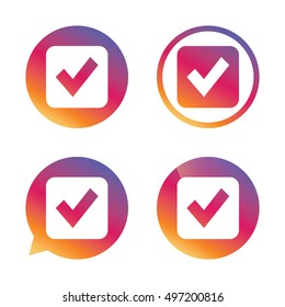 Check mark sign icon. Checkbox button. Gradient buttons with flat icon. Speech bubble sign. Vector