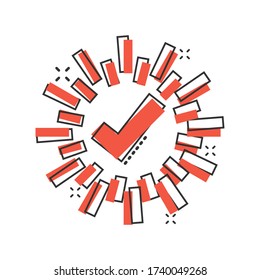Check mark sign icon in comic style. Confirm button cartoon vector illustration on white isolated background. Accepted splash effect business concept.