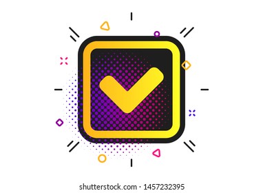 Check mark sign icon. Halftone dots pattern. Yes square symbol. Confirm approved. Classic flat check icon. Vector