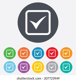 Check mark sign icon. Yes square symbol. Confirm approved. Round colourful 11 buttons. Vector
