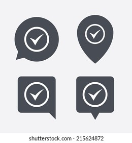 Check mark sign icon. Yes circle symbol. Confirm approved. Map pointers information buttons. Speech bubbles with icons. Vector