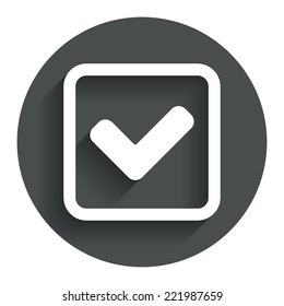 Check mark sign icon. Yes square symbol. Confirm approved. Circle flat button with shadow. Modern UI website navigation. Vector