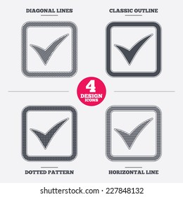 Check mark sign icon. Yes square symbol. Confirm approved. Diagonal and horizontal lines, classic outline, dotted texture. Pattern design icons.  Vector