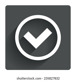 Check mark sign icon. Yes circle symbol. Confirm approved. Gray flat square button with shadow. Modern UI website navigation. Vector
