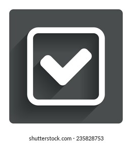 Check mark sign icon. Yes square symbol. Confirm approved. Gray flat square button with shadow. Modern UI website navigation. Vector