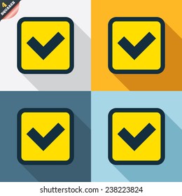 Check mark sign icon. Yes square symbol. Confirm approved. Four squares. Colored Flat design buttons. Vector