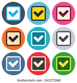 Check mark sign icon. Yes square symbol. Confirm approved. Colored round buttons. Flat design circle icons set. Vector