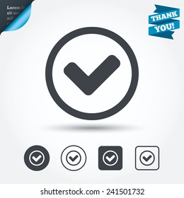 Check mark sign icon. Yes circle symbol. Confirm approved. Circle and square buttons. Flat design set. Thank you ribbon. Vector