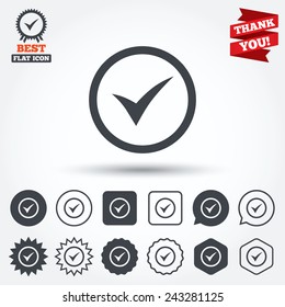 Check mark sign icon. Yes circle symbol. Confirm approved. Circle, star, speech bubble and square buttons. Award medal with check mark. Thank you ribbon. Vector
