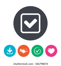Check mark sign icon. Yes square symbol. Confirm approved. Download arrow, handshake, tick and heart. Flat circle buttons.