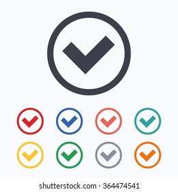 Check mark sign icon. Yes circle symbol. Confirm approved. Colored flat icons on white background.