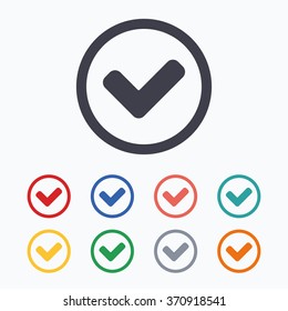 Check mark sign icon. Yes circle symbol. Confirm approved. Colored flat icons on white background.
