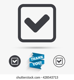 Check mark sign icon. Yes square symbol. Confirm approved. Flat icons. Buttons with icons. Thank you ribbon. Vector
