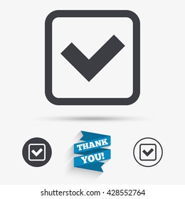 Check mark sign icon. Yes square symbol. Confirm approved. Flat icons. Buttons with icons. Thank you ribbon. Vector