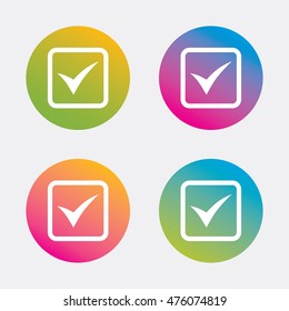 Check mark sign icon. Yes square symbol. Confirm approved. Gradient flat buttons with icon. Modern design. Vector