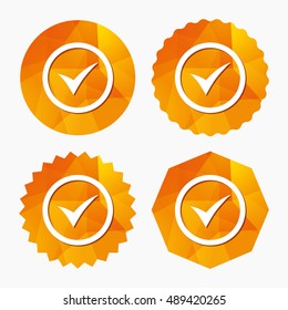 Check mark sign icon. Yes circle symbol. Confirm approved. Triangular low poly buttons with flat icon. Vector