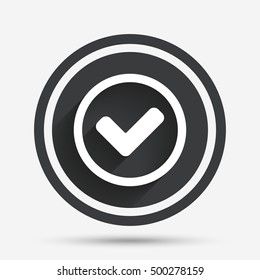Check mark sign icon. Yes circle symbol. Confirm approved. Circle flat button with shadow and border. Vector