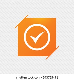 Check mark sign icon. Yes circle symbol. Confirm approved. Orange square label on pattern. Vector