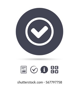 Check mark sign icon. Yes circle symbol. Confirm approved. Report document, information and check tick icons. Currency exchange. Vector