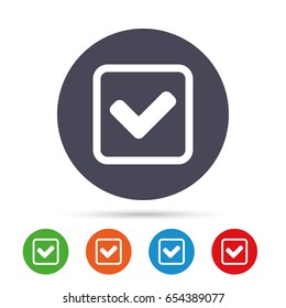 Check mark sign icon. Yes square symbol. Confirm approved. Round colourful buttons with flat icons. Vector