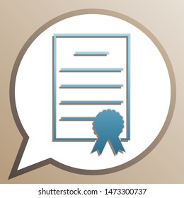 Check mark sign illustration. Bright cerulean icon in white speech balloon at pale taupe background. Illustration.
