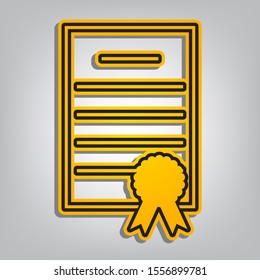 Check mark sign illustration. Flat orange icon with overlapping linear black icon with gray shadow at whitish background. Illustration.