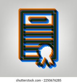 Check mark sign illustration. Stroked Icon in orange, azure and old lavender Colors at gray Background. Illustration.