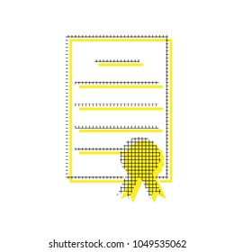 Check mark sign illustration. Vector. Yellow icon with square pattern duplicate at white background. Isolated.