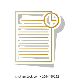 Check mark sign illustration. Vector. Golden gradient icon with white contour and rotated gray shadow at white background.