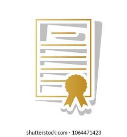 Check mark sign illustration. Vector. Golden gradient icon with white contour and rotated gray shadow at white background.