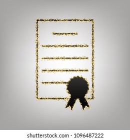 Check mark sign illustration. Vector. Blackish icon with golden stars at grayish background.