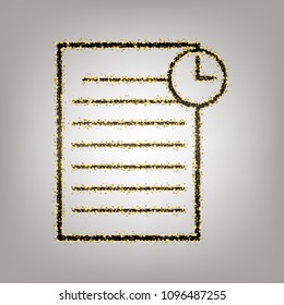 Check mark sign illustration. Vector. Blackish icon with golden stars at grayish background.
