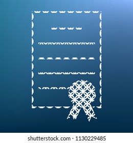 Check mark sign illustration. Vector. White textured icon at lapis lazuli gradient background.