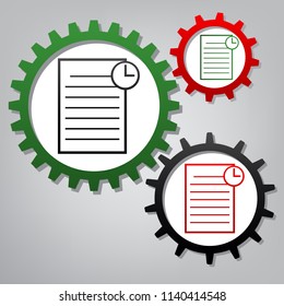 Check mark sign illustration. Vector. Three connected gears with icons at grayish background.