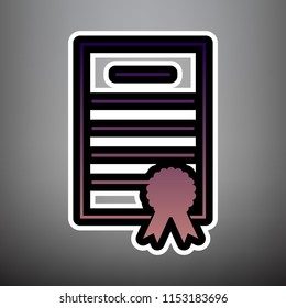 Check mark sign illustration. Vector. Violet gradient icon with black and white linear edges at gray background.