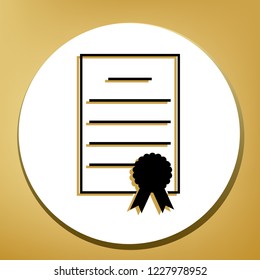 Check mark sign illustration. Vector. Black icon with light brown shadow in white circle with shaped ring at golden background.