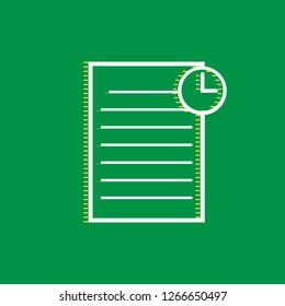 Check mark sign illustration. Vector. White flat icon with yellow striped shadow at green background.