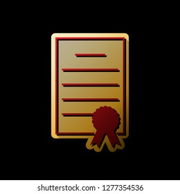 Check mark sign illustration. Vector. Red icon with small black and limitless shadows at golden sticker on black background.