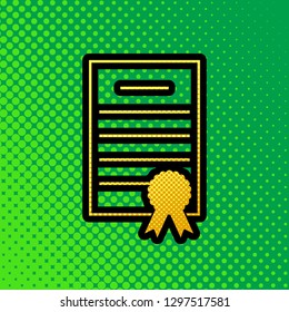Check mark sign illustration. Vector. Pop art orange to yellow dots-gradient icon with black contour at greenish background.