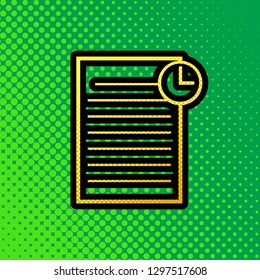 Check mark sign illustration. Vector. Pop art orange to yellow dots-gradient icon with black contour at greenish background.