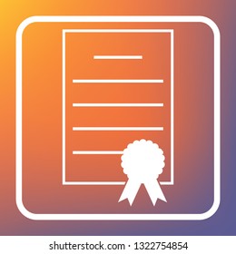 Check mark sign illustration. Vector. White icon on transparent button at orange-violet gradient background.
