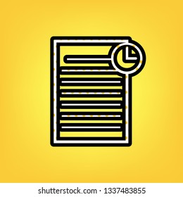 Check mark sign illustration. Vector. Yellow polka dot white icon with black contour at warm yellow background.