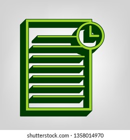 Check mark sign illustration. Vector. Yellow green solid icon with dark green external body at light colored background.