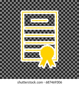 Check mark sign illustration. Vector. Yellow icon with white contour on dark transparent background.