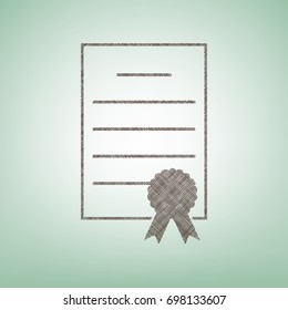 Check mark sign illustration. Vector. Brown flax icon on green background with light spot at the center.