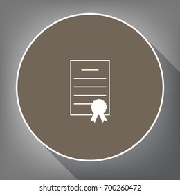 Check mark sign illustration. Vector. White icon on brown circle with white contour and long shadow at gray background. Like top view on postament.