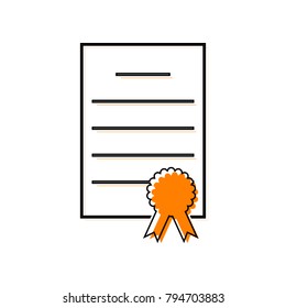 Check mark sign illustration. Vector. Black line icon with shifted flat orange filled icon on white background. Isolated.