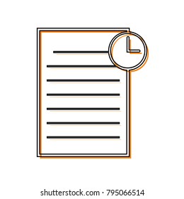 Check mark sign illustration. Vector. Black line icon with shifted flat orange filled icon on white background. Isolated.