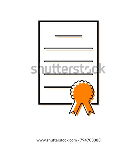 Check mark sign illustration. Vector. Black line icon with shifted flat orange filled icon on white background. Isolated.